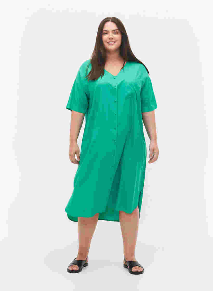 Short-sleeved viscose shirt dress, Holly Green, Model image number 2