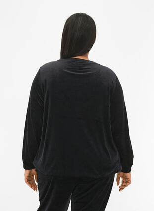 Velour blouse with embroidered text, Black, Model image number 1