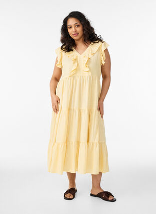 Sleeveless midi dress in linen and viscose with ruffles - Yellow - Sz. S - Zizzifashion Sleeveless midi dress in linen and viscose with ruffles - Yellow - Sz. S - Zizzifashion