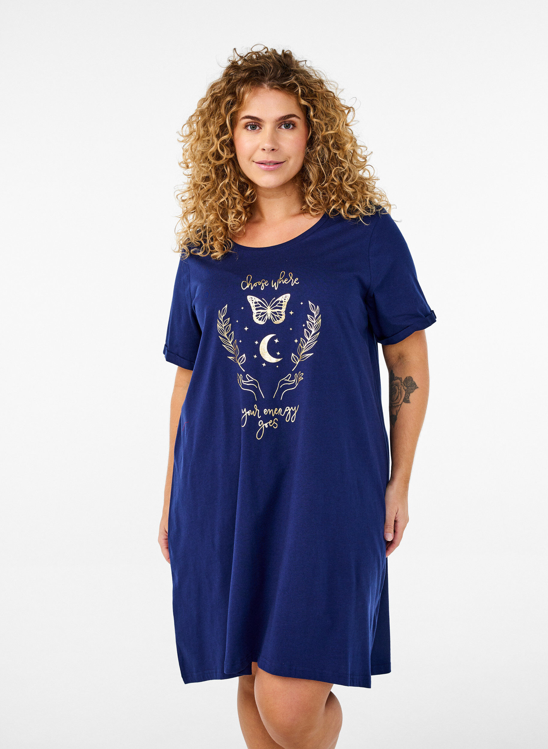 Zizzifashion Short-sleeved nightgown in organic cotton, Blue, Model image number 0