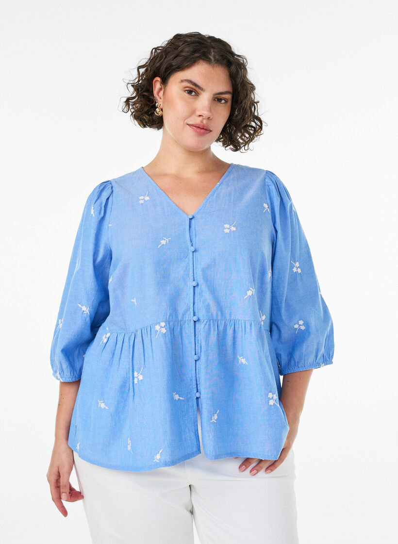 Cotton blouse with embroidered flowers and button fastening, Light Blue, Model image number 0