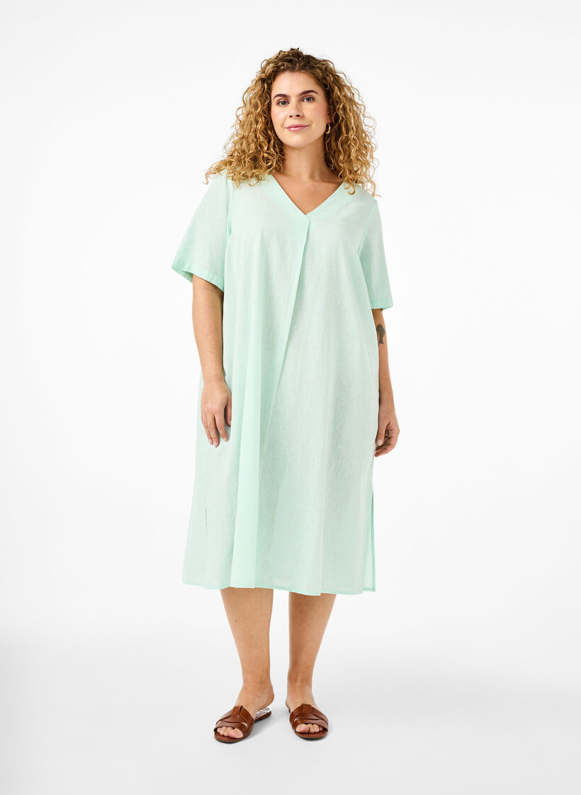 Cotton blend kaftan dress with linen, Green, Model image number 0
