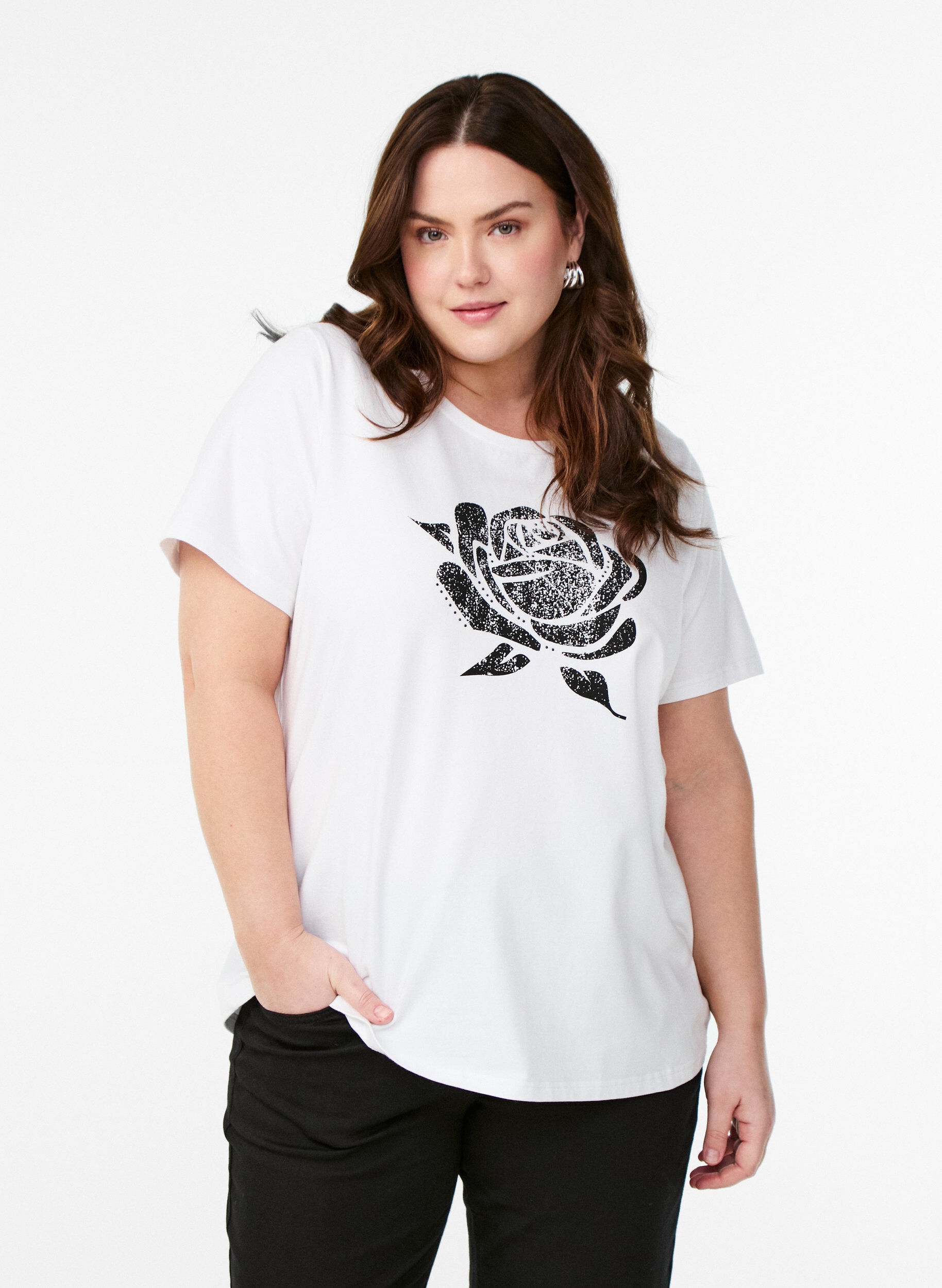 Zizzifashion T-shirt in organic cotton with floral print, B. White w. Rose, Model image number 0