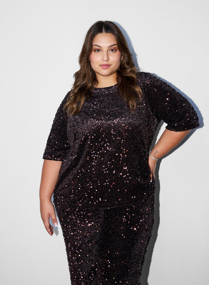 Sequin blouse with elbow-length sleeves, Brown, Model image number 0