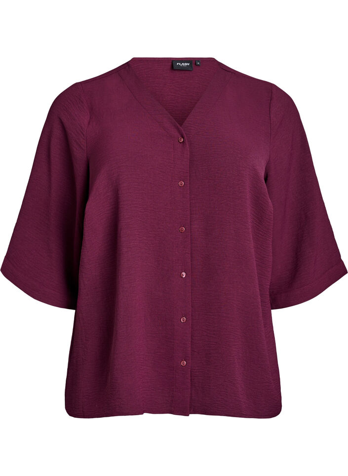 FLASH – Shirt Blouse with V-Neck and 3/4 Sleeves, Dark Bordeaux, Packshot image number 0