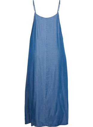 Long denim dress with thin straps, Dark blue denim, Packshot image number 1