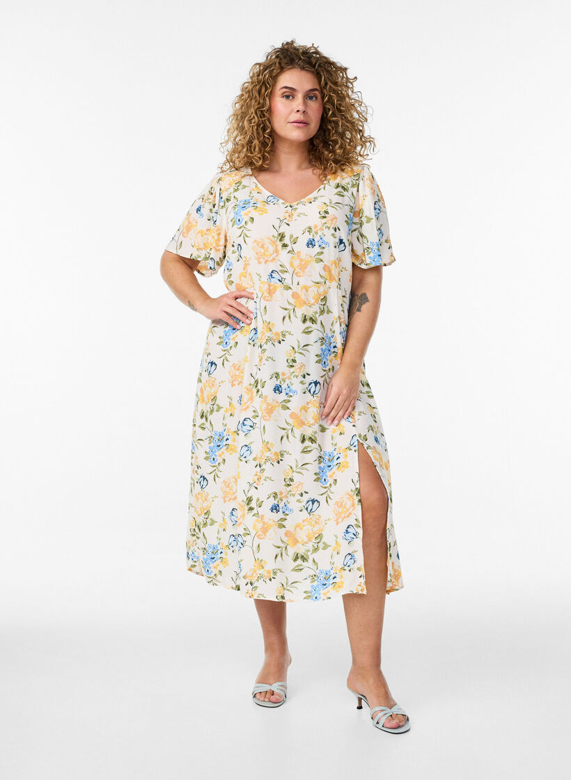 Viscose midi dress with a floral print, Blue, Model image number 0