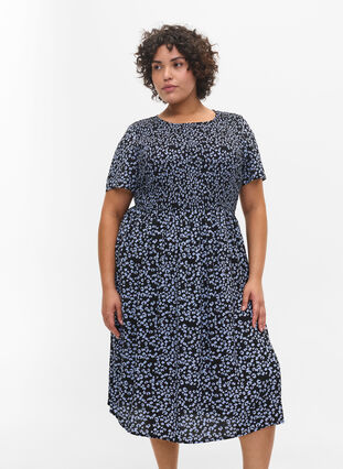 Printed viscose dress with smock, Blue Dot, Model image number 0