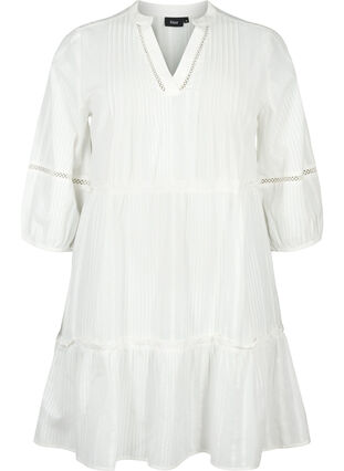 3/4 sleeve cotton dress with ruffles, Bright White, Packshot image number 0