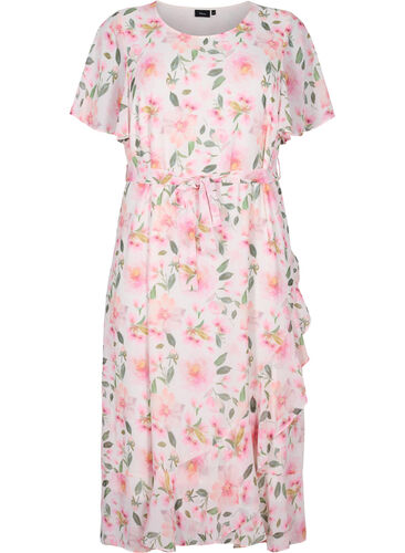 Short sleeve midi dress with floral print, White w. Pink Flower, Packshot image number 0