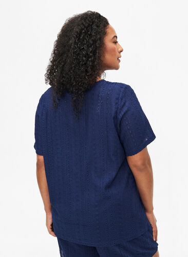 Short sleeve blouse with textured pattern, Medieval Blue, Model image number 1