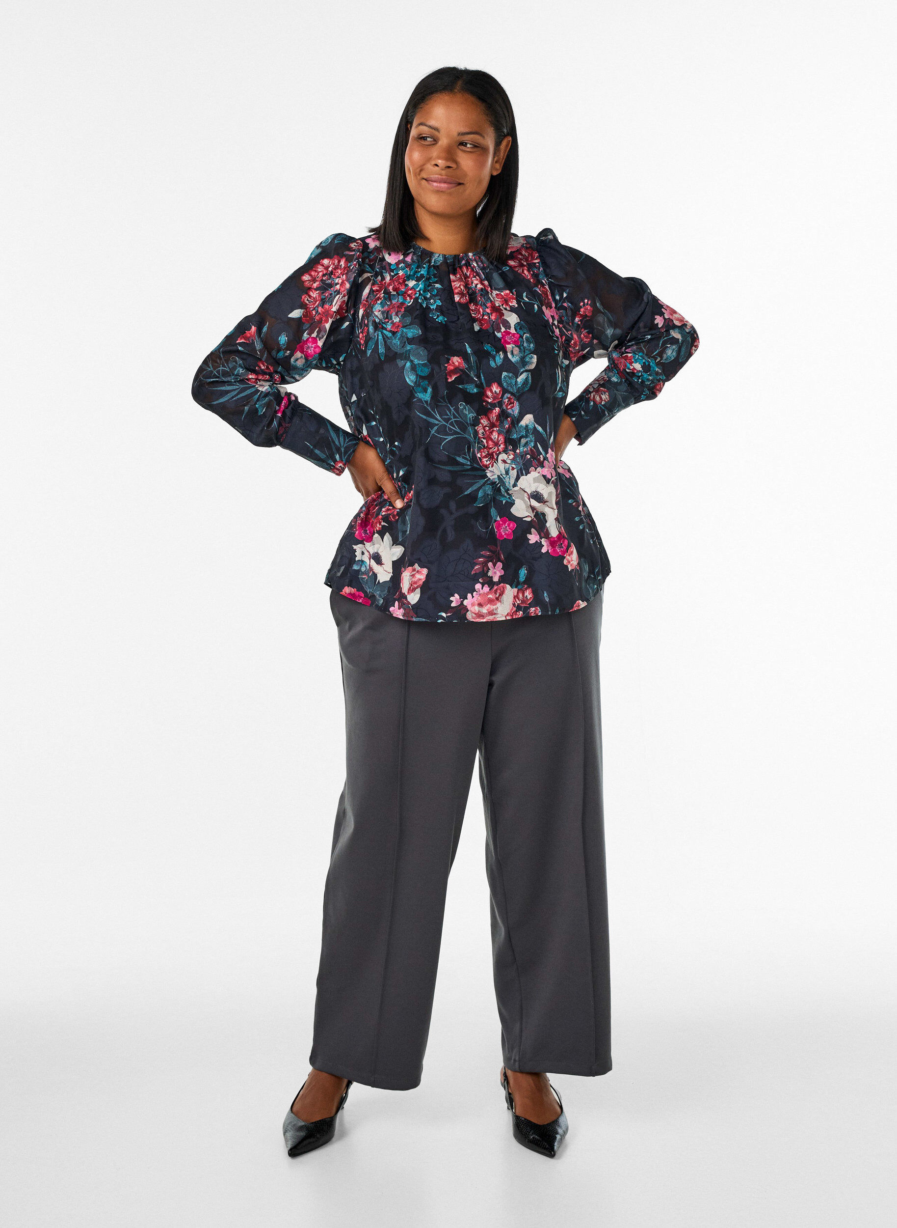 ZizzifashionLoose jersey trousers with a high waist, Dark Grey, Model image number 0