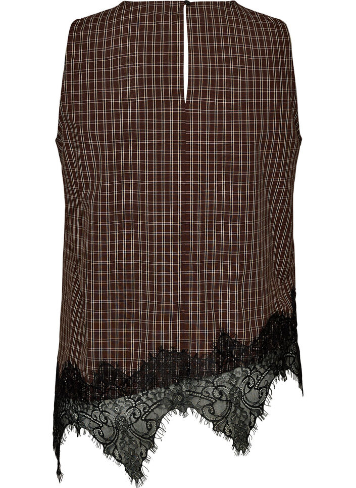 Checked top with asymmetric lace trim, Brown, Packshot