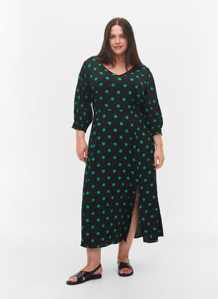 Polka dot viscose midi dress, Black Jol Green Dot, Model image number 0