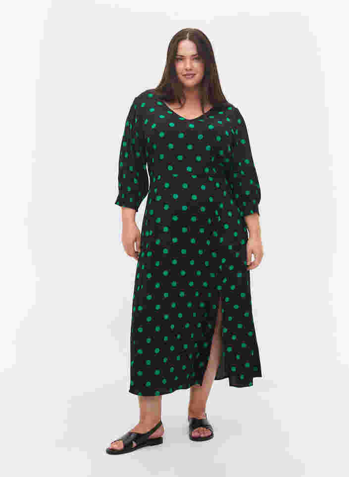 Polka dot viscose midi dress, Black Jol Green Dot, Model
