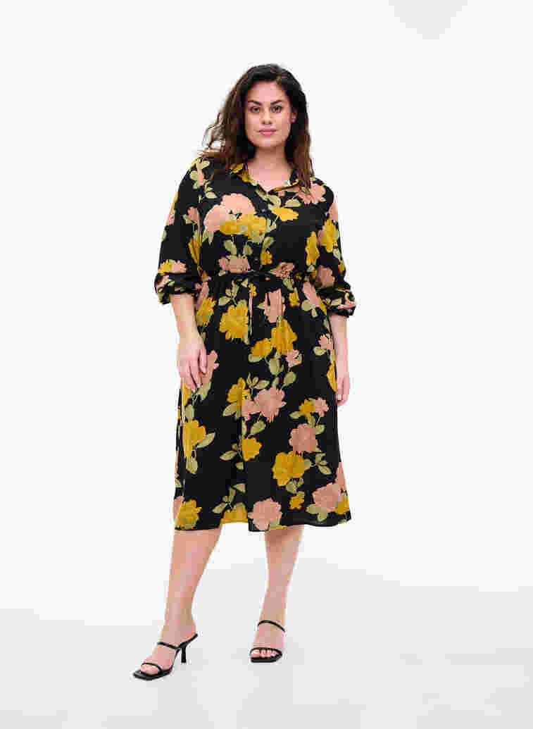Floral viscose dress with lace, Scarab Flower, Model image number 0
