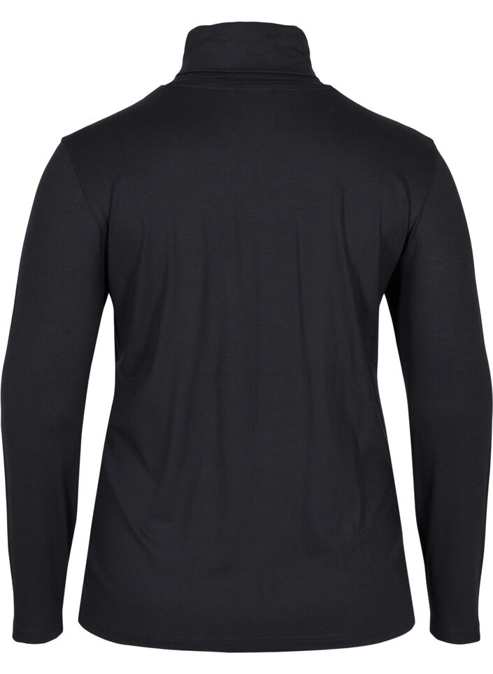 Long-sleeved cotton blouse with turtleneck, Solid Black, Packshot image number 1