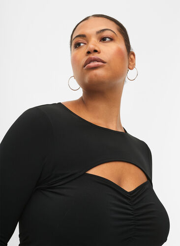 Cut-out blouse with long sleeves, Black, Model image number 2