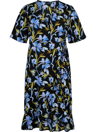 Printed wrap dress with short sleeves , Black Blue Flower, Packshot image number 0