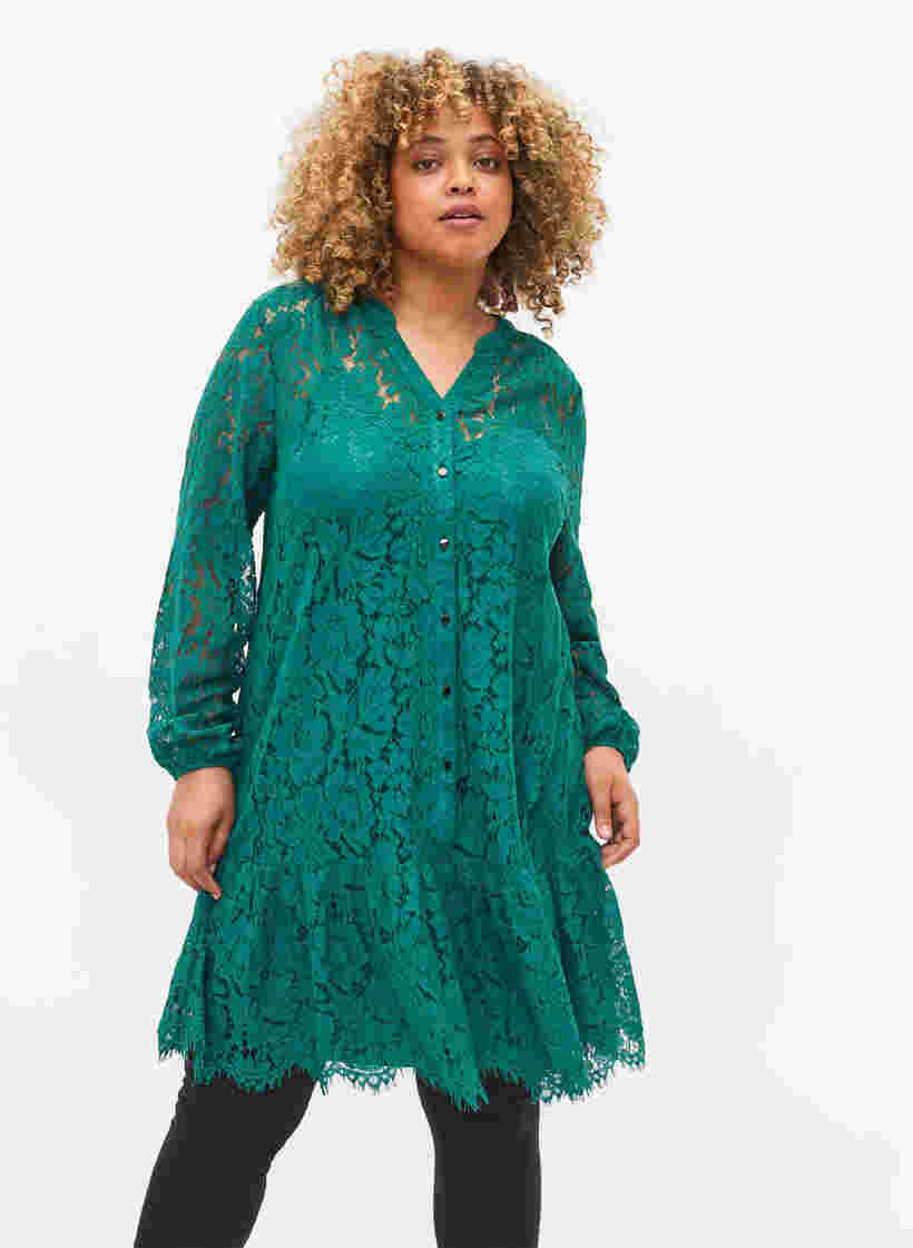 Lace dress with long sleeves, Evergreen, Model image number 0