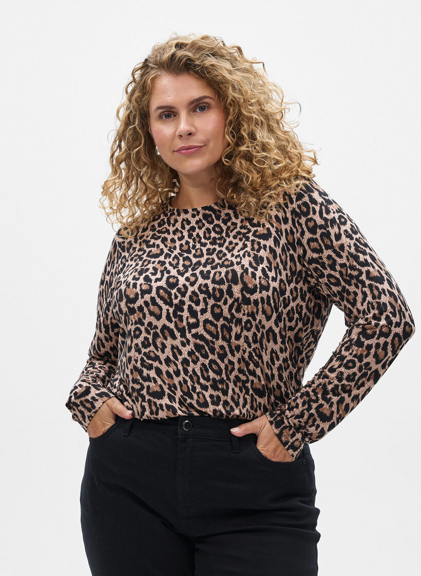 Long-sleeved blouse with leopard print, Brown, Model image number 0