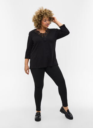 Blouse with 3/4 sleeves and lace details, Black, Model image number 2