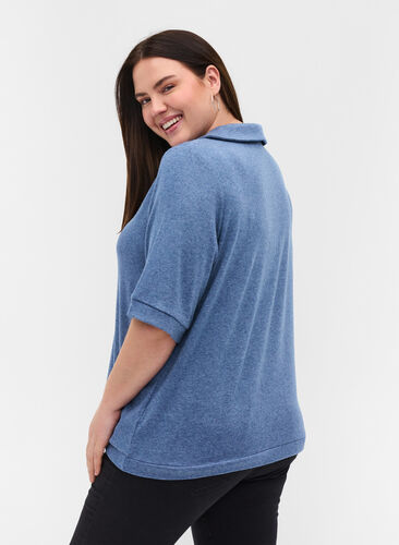 Marled blouse with collar and 2/4 sleeves, Blue Melange, Model image number 1