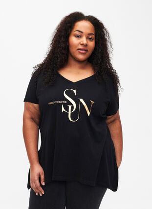 Cotton t-shirt with short sleeves, Black W. Sun, Model image number 0