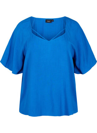 Short-sleeved viscose blouse with string detailing, Classic Blue, Packshot image number 0