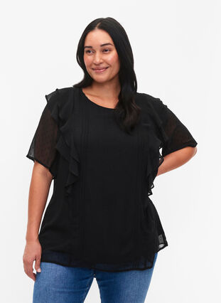 Short-sleeved blouse with ruffles and dotted pattern, Black, Model image number 0