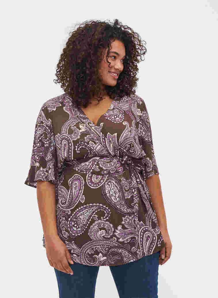 Printed viscose tunic with 2/4 sleeves, Bracken Paisley, Model image number 0