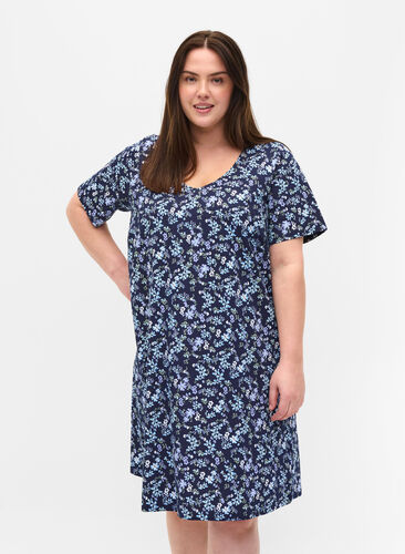 Short-sleeved cotton dress with floral print, NIGHT SKY FLOWER AOP, Model image number 0