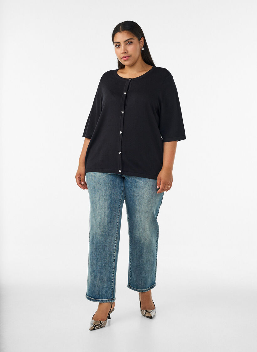 Knit cardigan with heart buttons and short sleeves, Black, Model image number 1