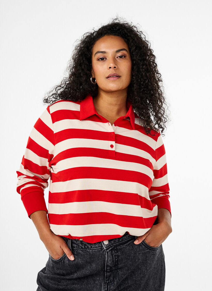 Long-sleeved polo shirt with stripes, Red, Model image number 0