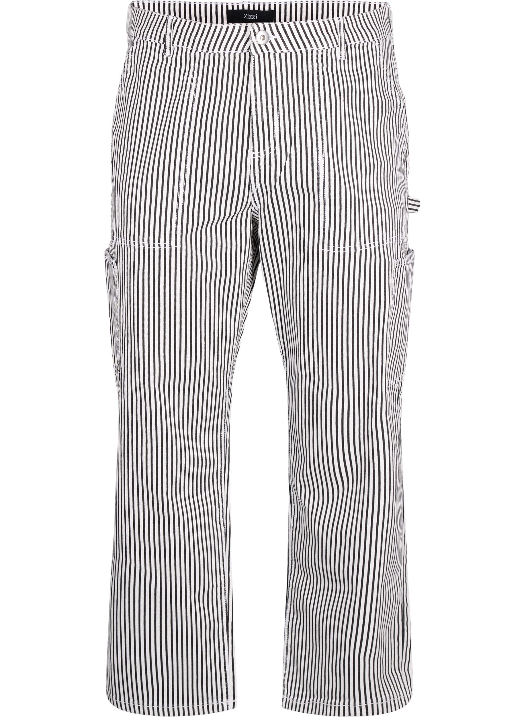 Zizzifashion Striped cargo jeans with a straight fit, Black White Stripe, Packshot image number 0