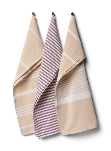 3-pack striped cotton tea towel, 3-Pack Beige/Red, Packshot image number 0