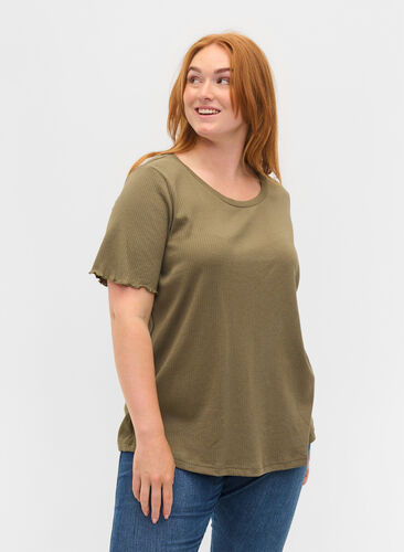 Short-sleeved t-shirt in ribbed fabric, Dusty Olive, Model image number 0
