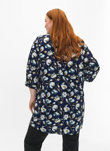 Floral tunic with 3/4 sleeves, P. Blue Flower AOP, Model image number 1