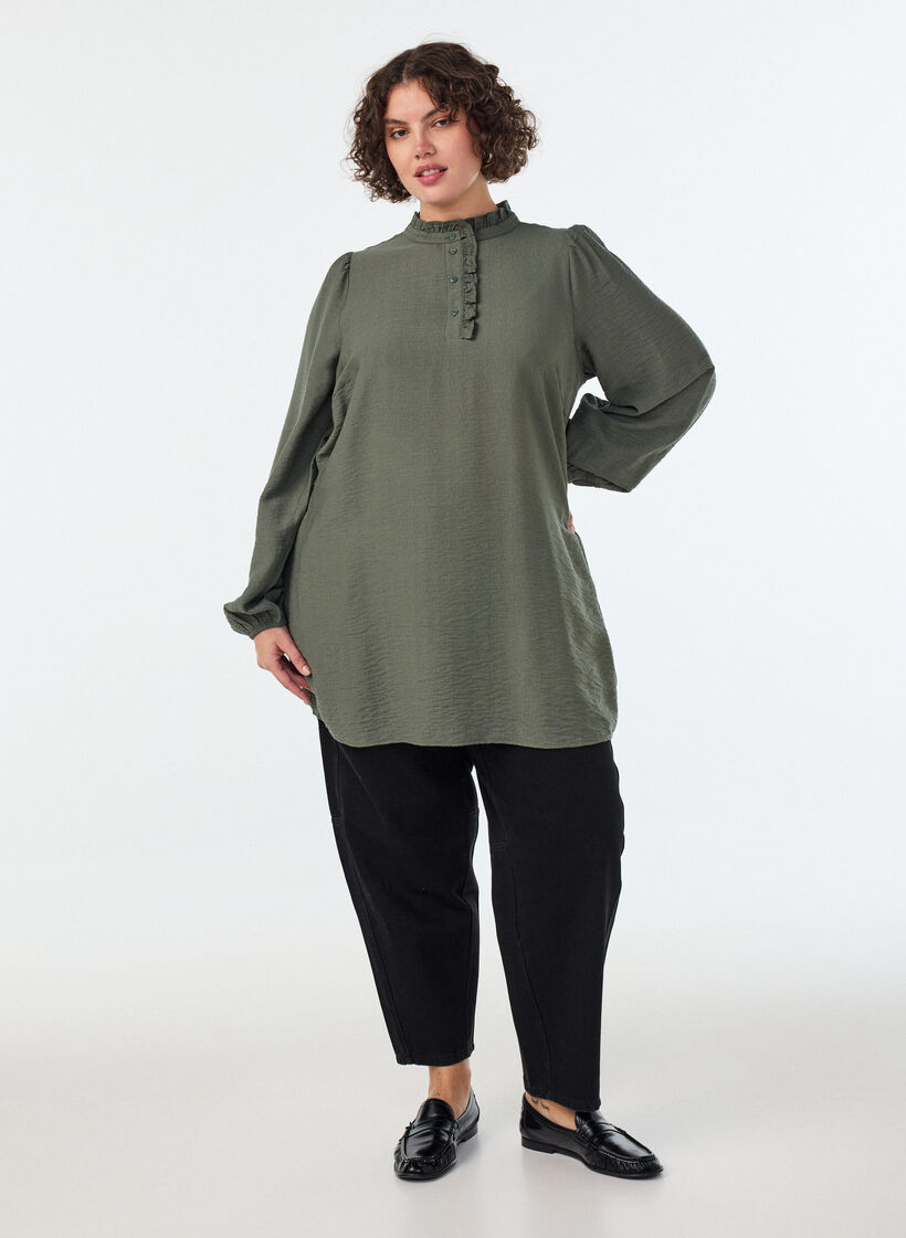 Viscose tunic with ruffles and buttons, Green, Model image number 1