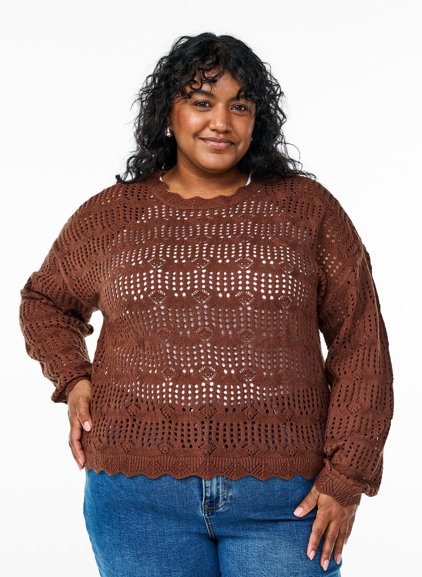Loose knitted blouse with eyelet pattern, Brown, Model image number 0