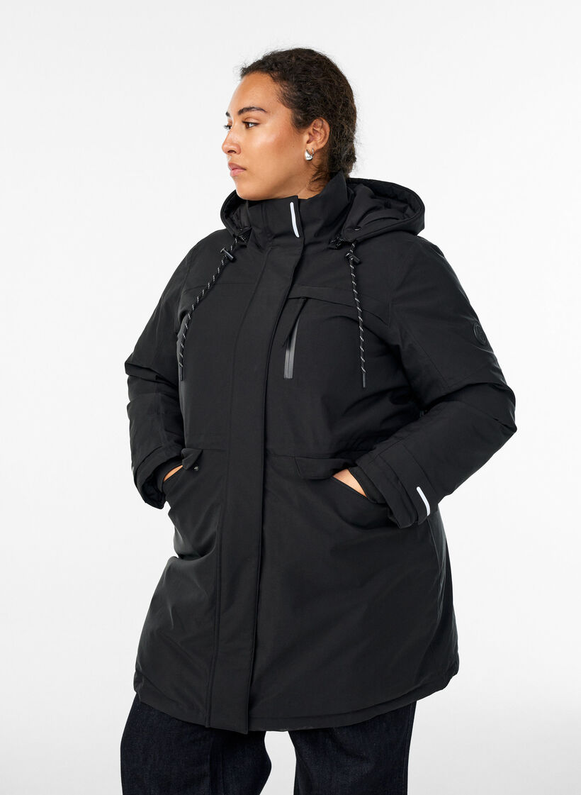 Water-repellent parka with a hood and functional details, Black, Model image number 0
