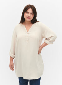Solid color tunic with v-neck and buttons, Warm Off-white, Model