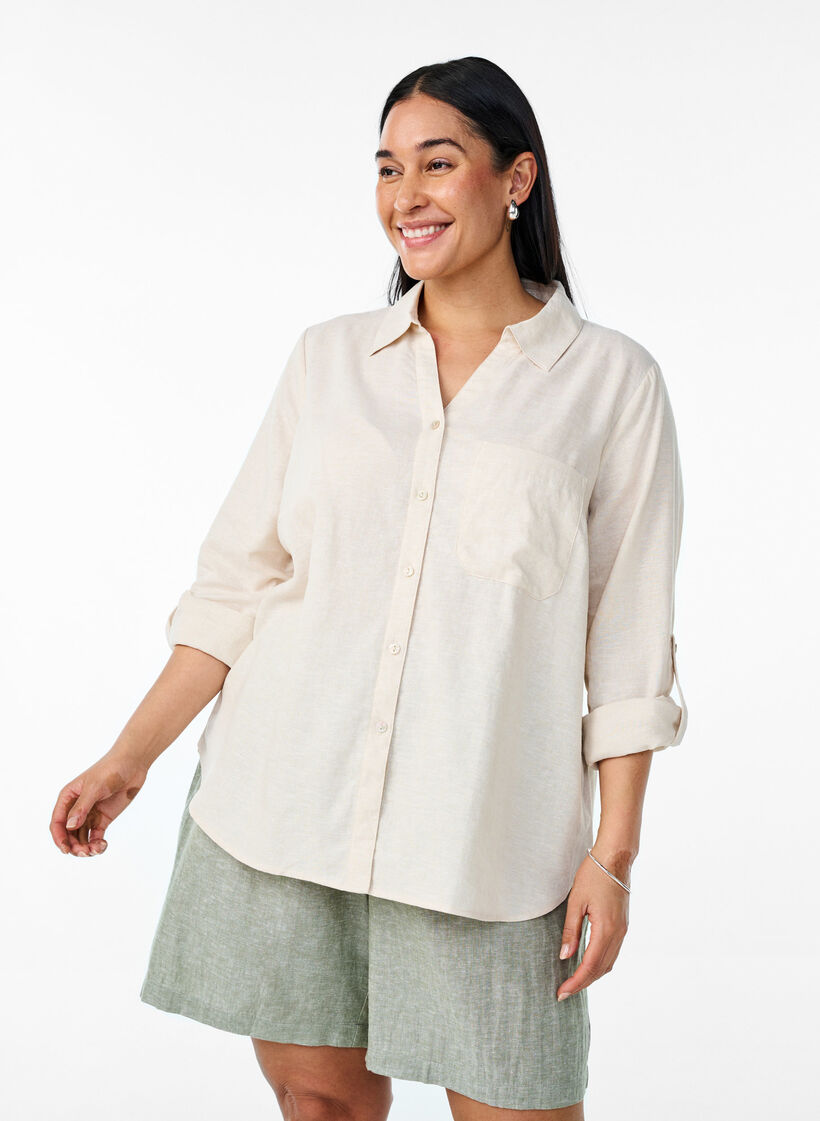 Shirt in linen and viscose with 3/4 sleeves, Beige, Model image number 0