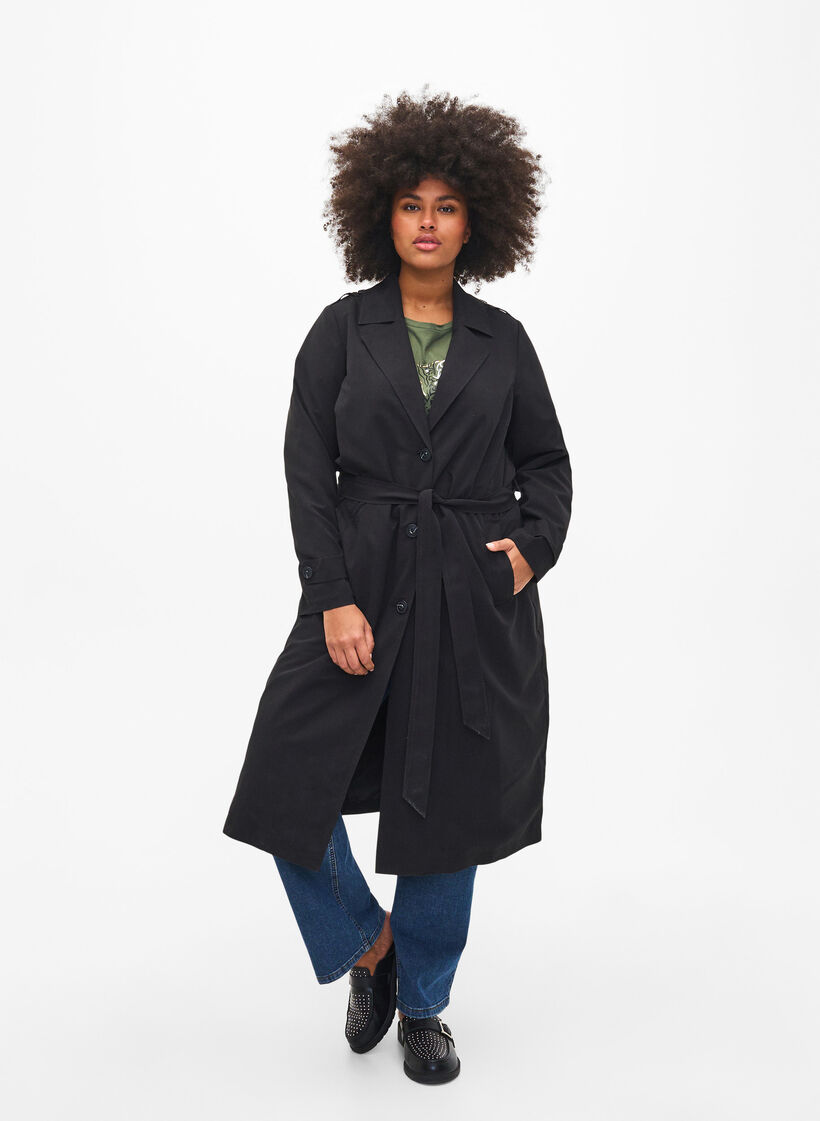 Long trench coat with belt, Black, Model image number 0