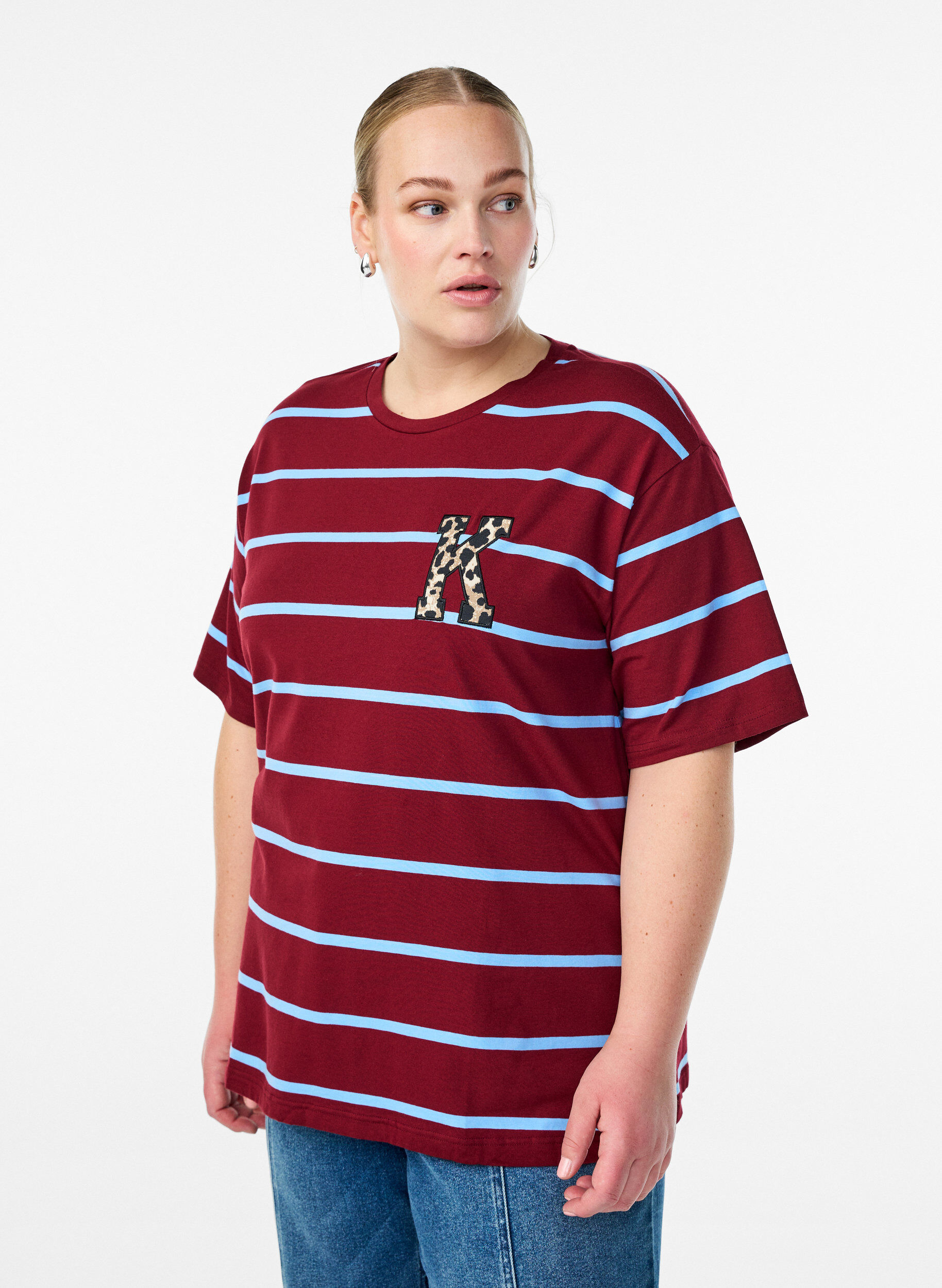 T-shirt with stripes and leopard detail, Red, Model