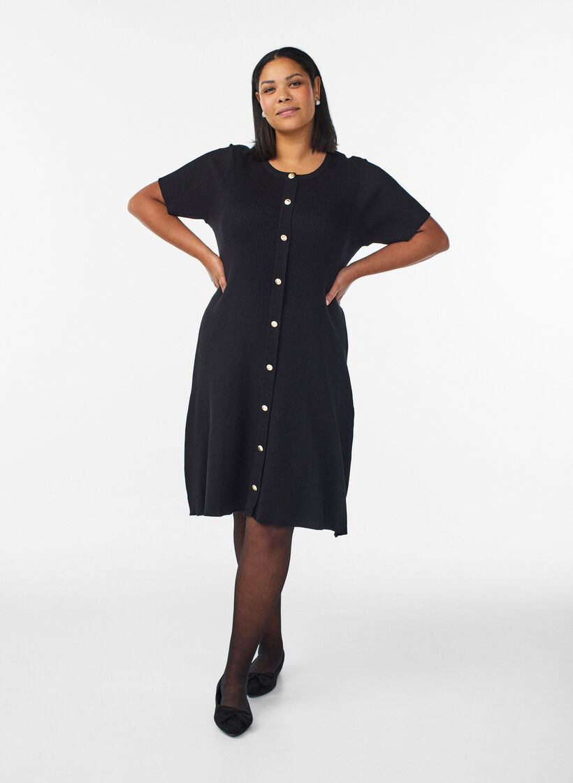 Ribbed dress with decorative buttons and short sleeves, Black, Model