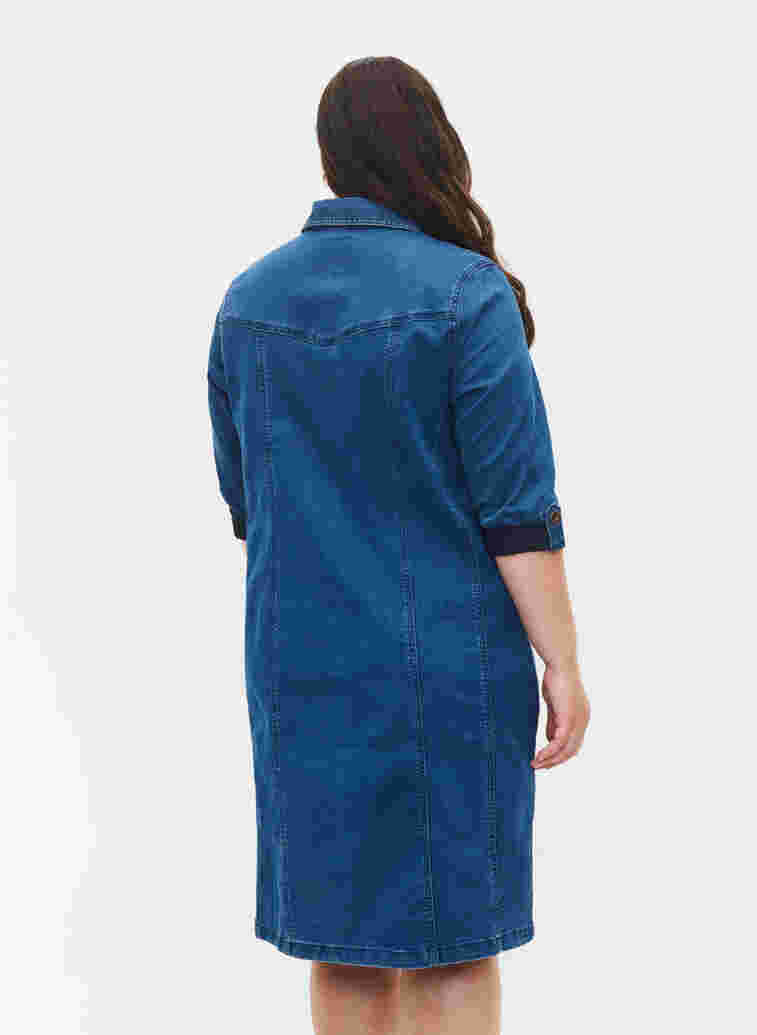 Denim shirt dress with 3/4 sleeves, Blue denim, Model