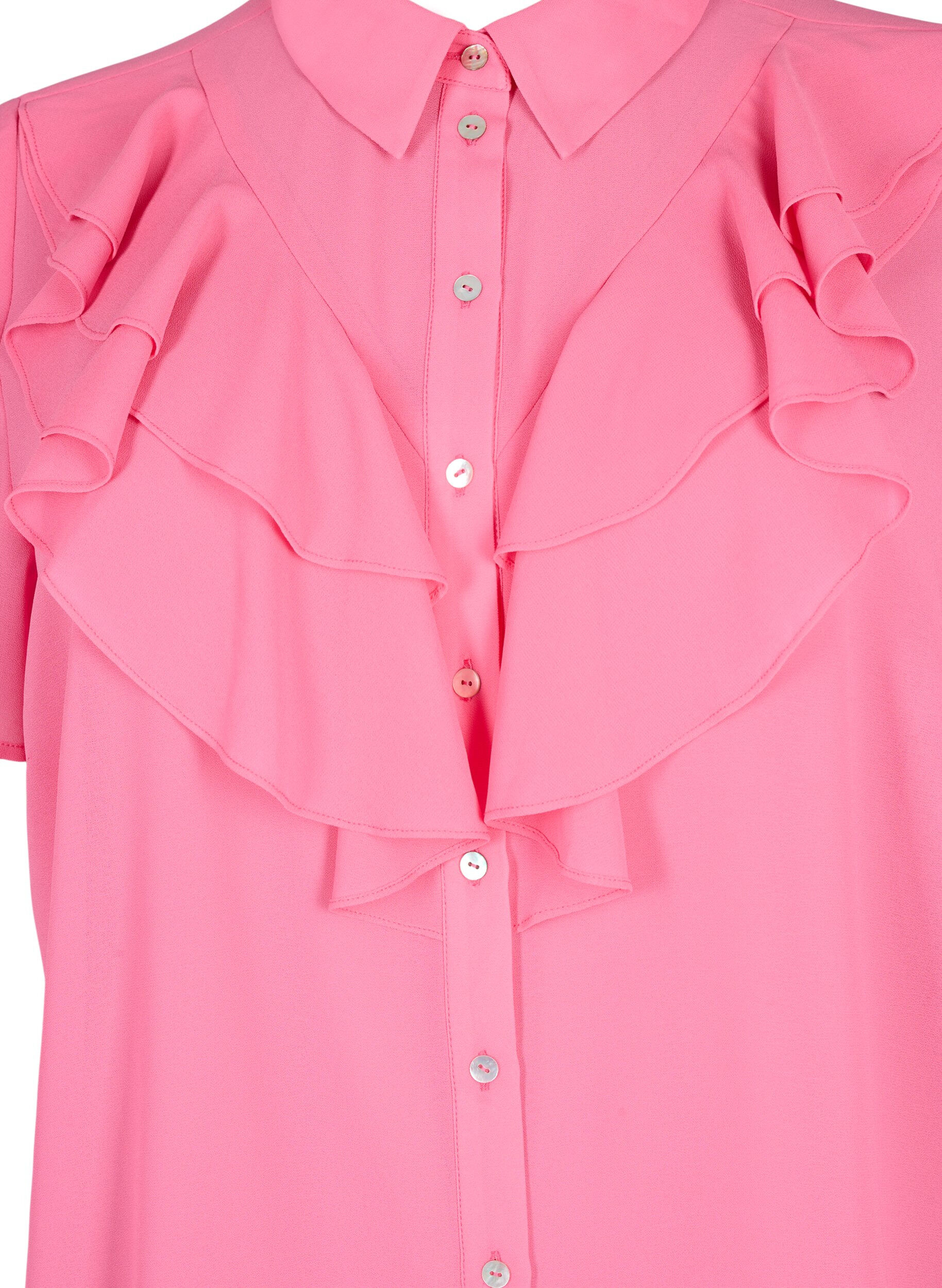 Zizzifashion Short sleeve shirt blouse with ruffles, Pink Power, Packshot image number 2
