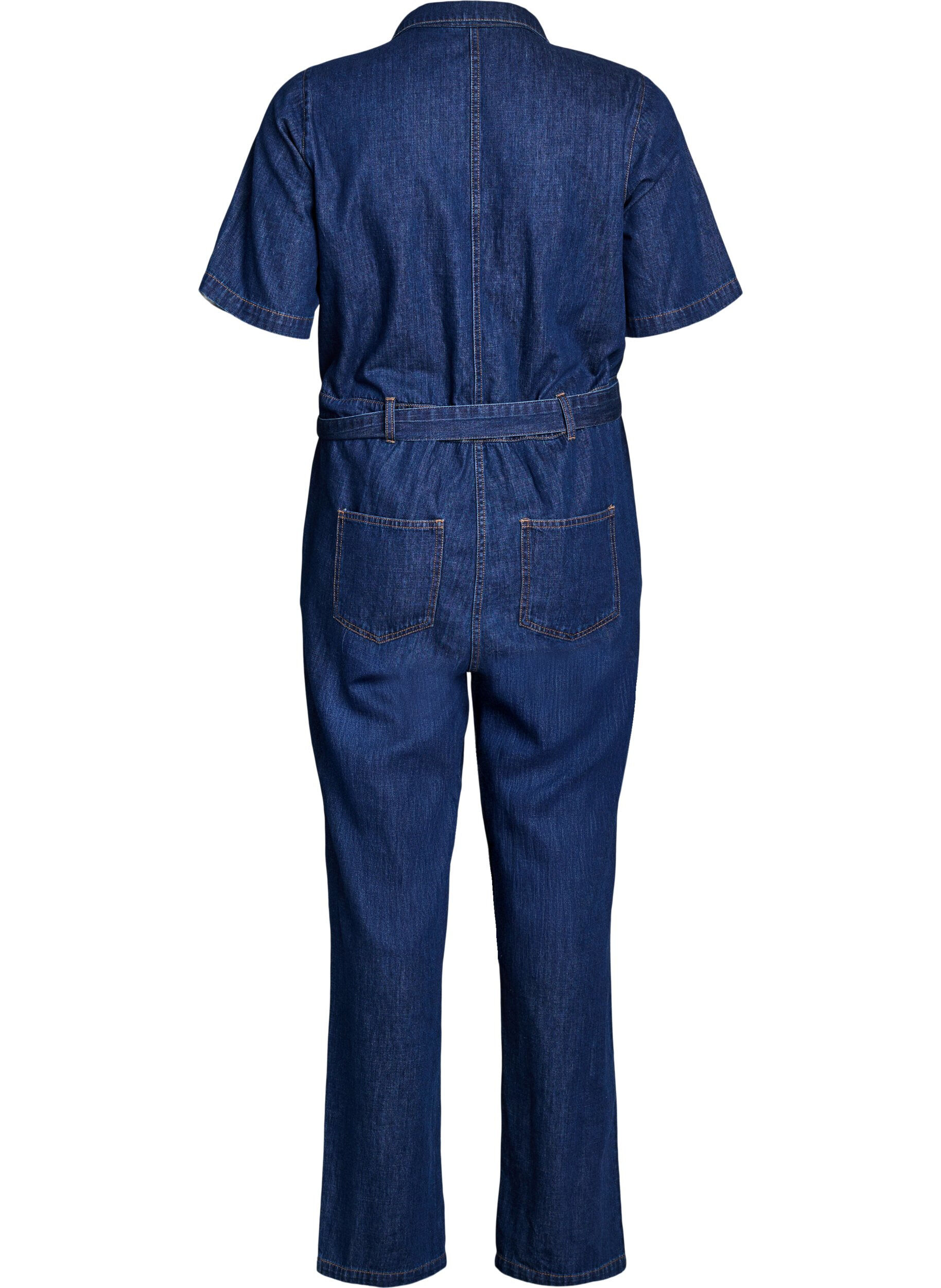 Zizzifashion Denim jumpsuit with short sleeves and a tie belt, Blue, Packshot image number 1