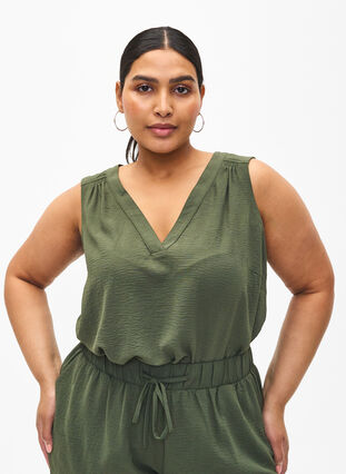 Sleeveless top with wrinkle details, Thyme, Model image number 0
